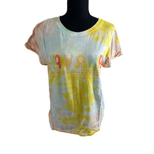 NWOT Women's Project Karma T-shirt Size L Yellow Blue Tie Dye